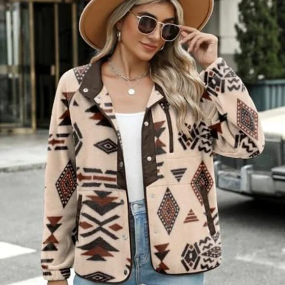 Cozy Fleece Jacket Western Aztec Print Snap Button Down Coat with Pockets